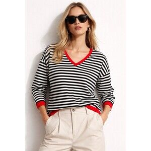 Lillusory Black White Striped V-Neck Sweater Red Trim 100% Cotton Size L